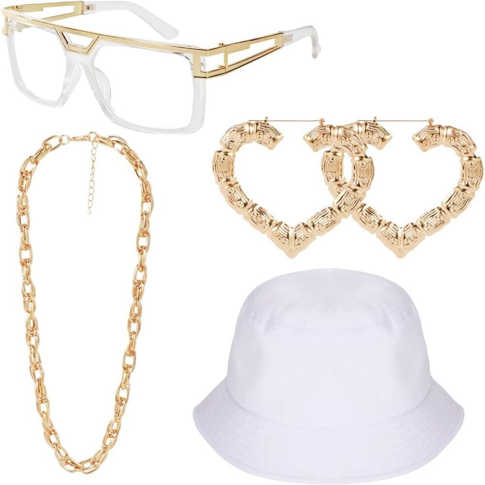 80s 90s Hip Hop Costume Kit Rapper DJ Sunglasses Gold Chain Earrings Set